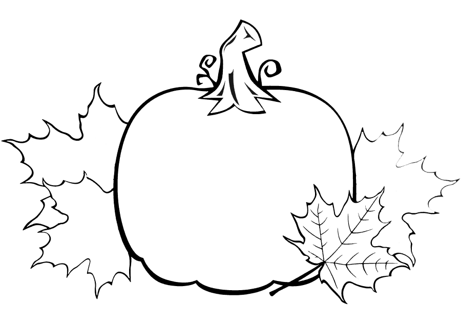 Coloring page Pumpkin and autumn leaves Print